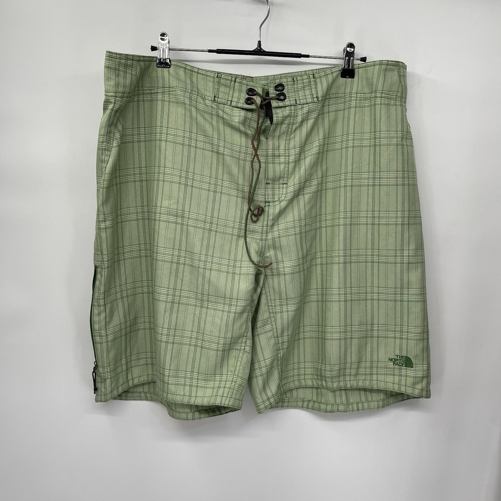 The North Face 40 Board‎ Shorts Mens Green Plaid Lace Up Side Pocket Swim Trunks